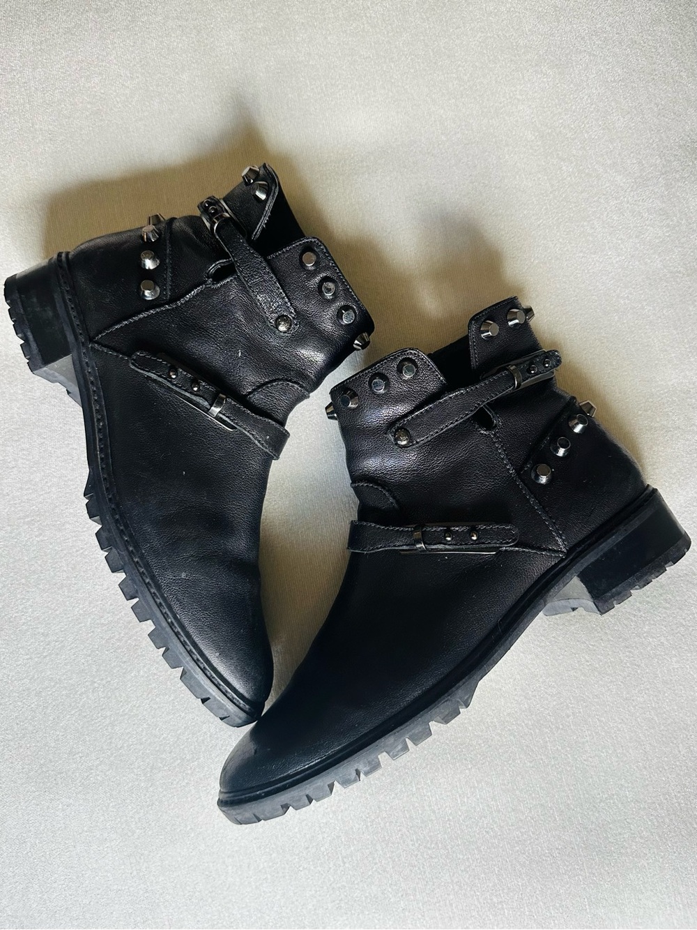 Stuart Weitzman "Go West" Studded Leather Moto Boots 8